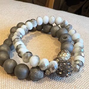 Beaded Stretch Bracelets: White & Gray